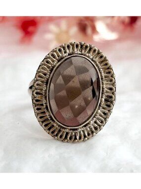 Smoky Quartz Faceted Oval Balinese Sterling Silver 925 Vintage Ring - sz 6.75